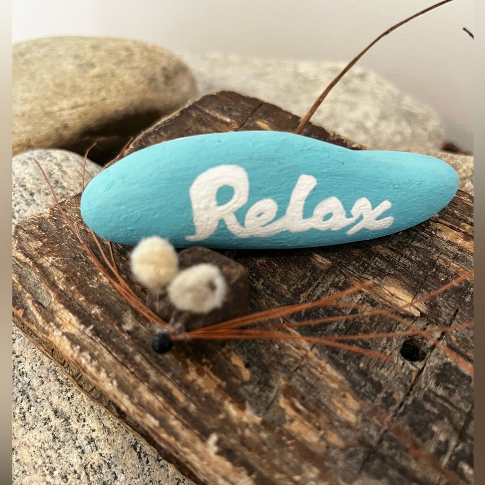 Santorini inspired hand Painted meditation rock turquoise blue “Relax”